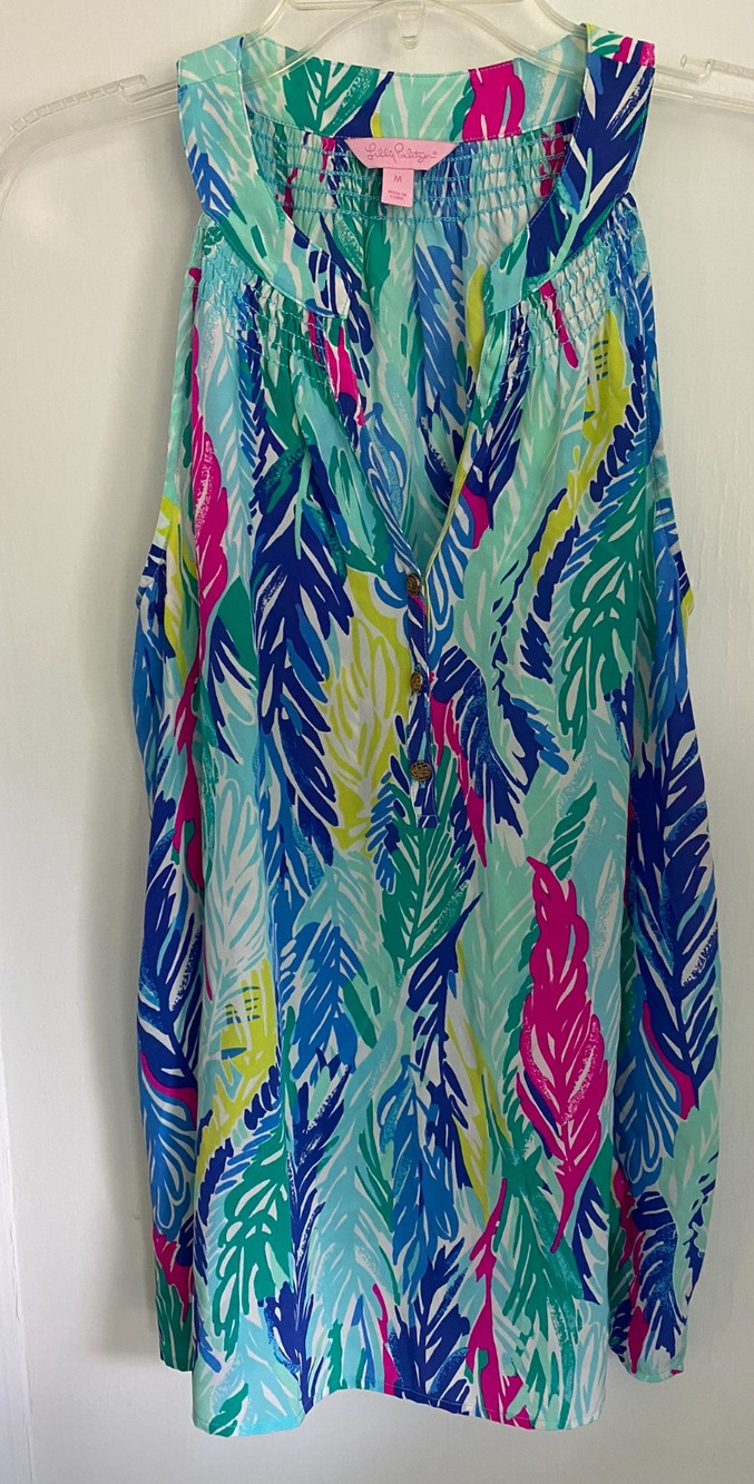 Lilly Pulitzer Bailey Silk Top Medium Light as a Feather Blue Pink Smocked Tank